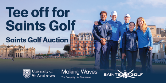 Saints Golfers stand on the Swilcan Bridge. Text reads 'Tee off for Saints Golf, Saints Golf Auction' Saints Golfers stand on the Swilcan Bridge. Text reads 'Tee off for Saints Golf, Saints Golf Auction'