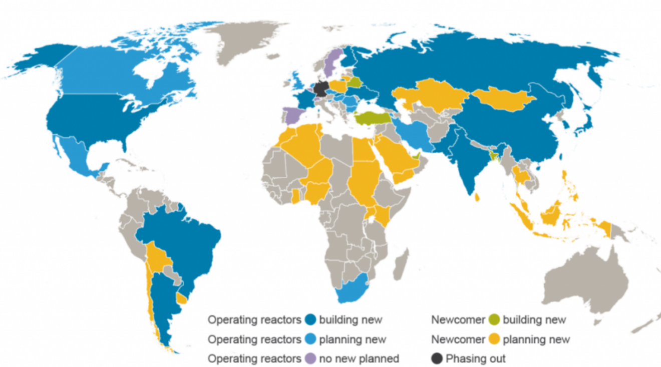 A world map showing the growth of nuclear energy. The image has a key to show where new operating reactors are being built, and where others are being phased out. A world map showing the growth of nuclear energy. The image has a key to show where new operating reactors are being built, and where others are being phased out.