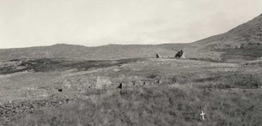 Black and white photo of island landscape