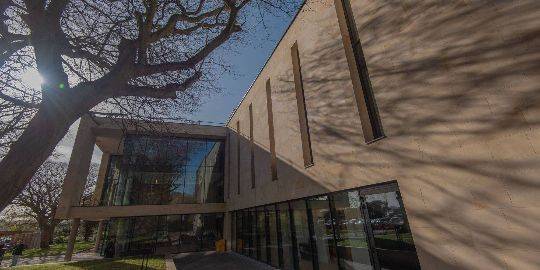 Exterior of the Laidlaw Music Centre, shadows of a large tree can be seen on the building exterior. 
