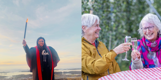 Split image. On the left, Racheal stands smiling in her postgraduate gown, holding a lit torch. In the background we can see the sea at sunset. On the right,Anne and Jenny sit at a table outdoors, they are both smiling and clinking glasses of prosecco with one another. 