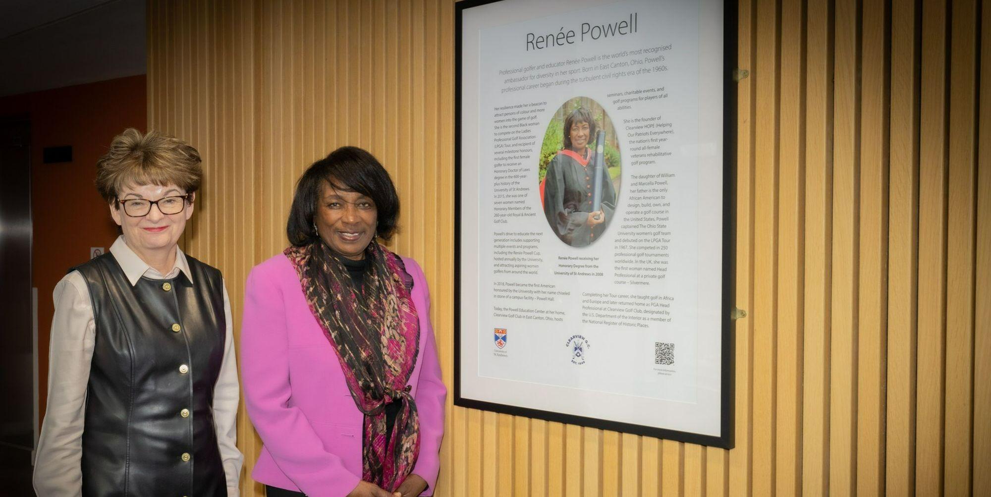 Principal Mapstone and Dr Powell standing next to a plaque for Renée Powell Principal Mapstone and Dr Powell standing next to a plaque for Renée Powell