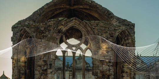 A historic building with wave graphic A historic building with wave graphic