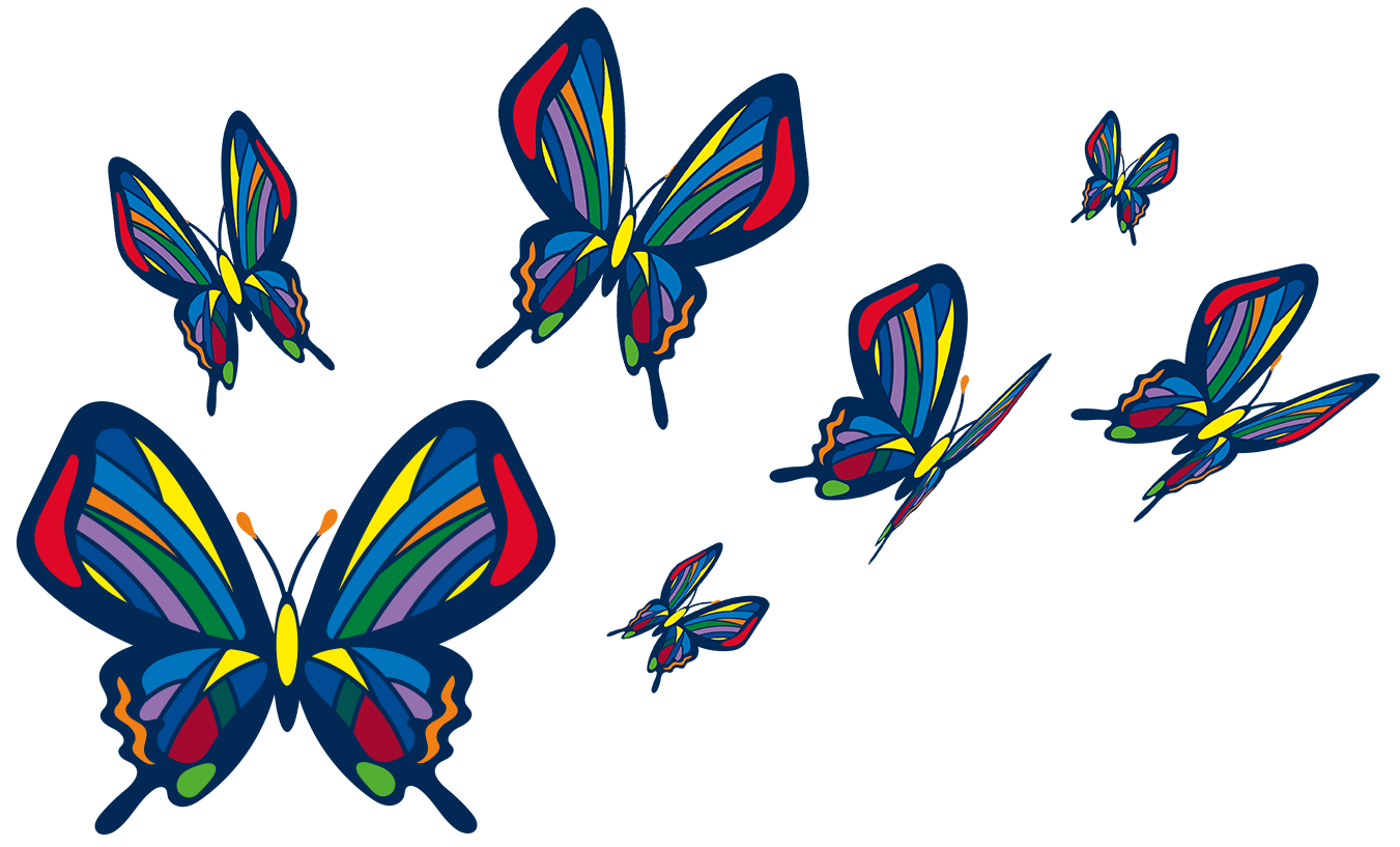 Butterflies in a graphic using blue, yellow, green, orange, pink and purple colours