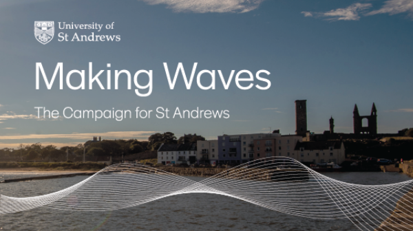 Sunshine over St Andrews Harbour with Making Waves logo