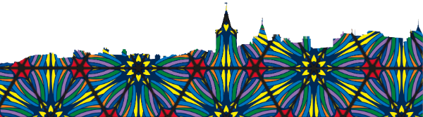 A graphic showing the skyline of the town of St Andrews decorated in a colourful kaleidoscopic pattern